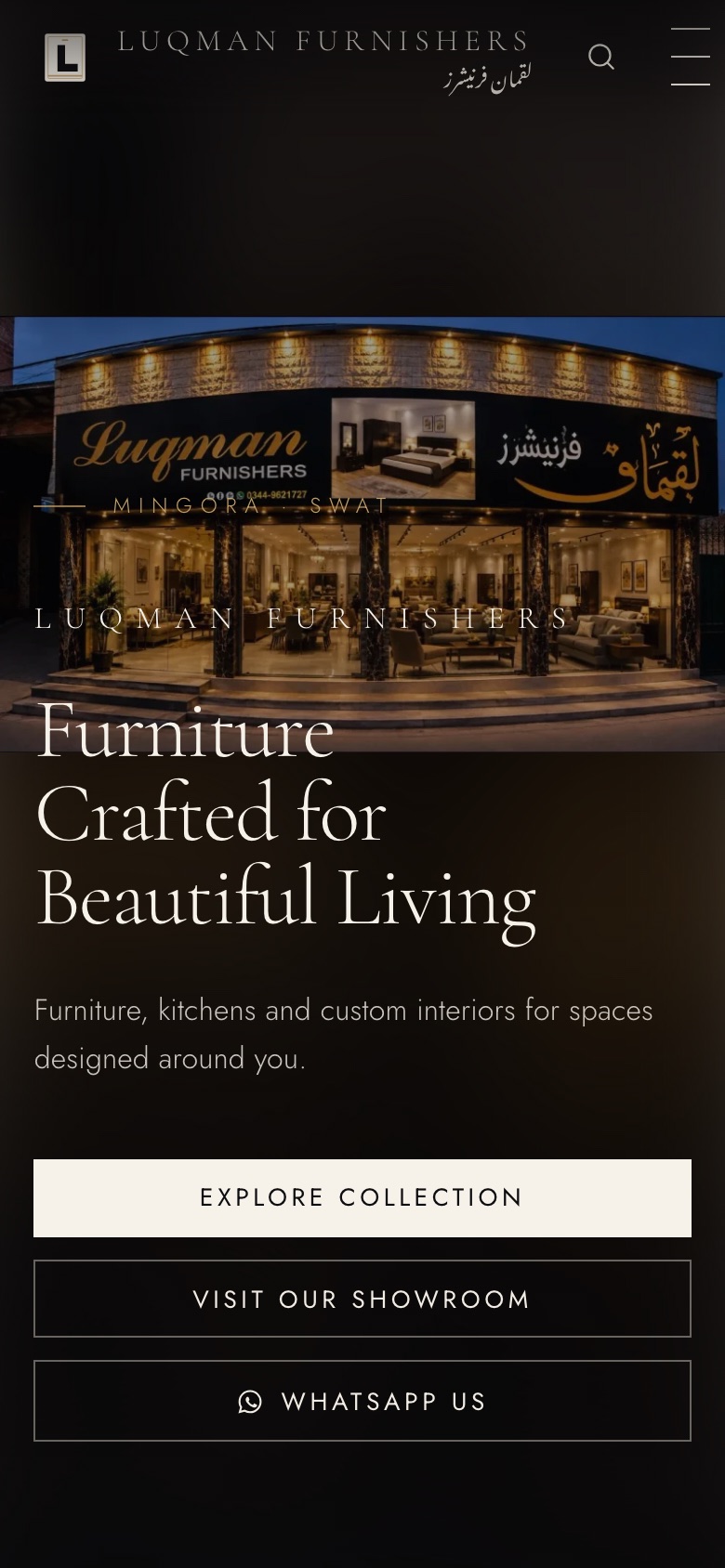 The furniture showroom catalogue on a phone, with the showroom image behind a stacked headline and call to action.