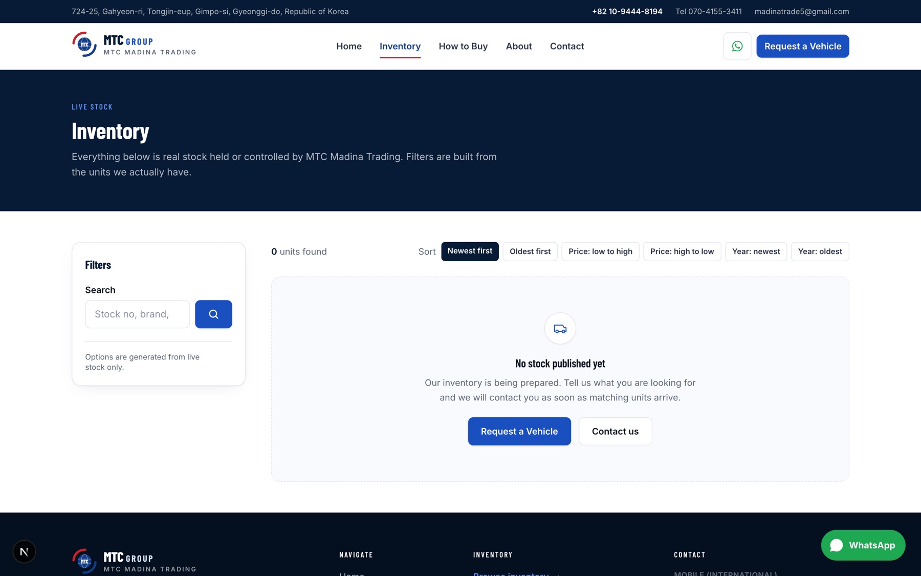 The inventory page running locally: a filter panel whose options are generated from live stock, a sort bar, and an empty-stock state offering a vehicle request.